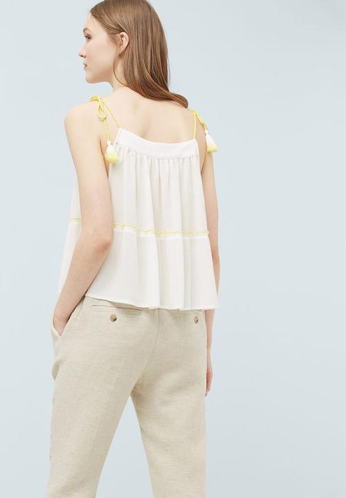 MANGO - Embroidered Top with Tassel Trim Yellow and White