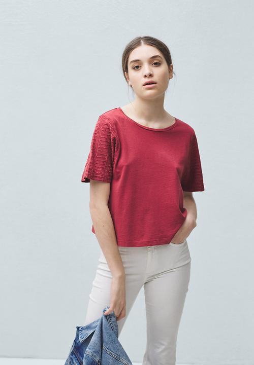 MANGO - T-shirt with Sleeve Panel Effect Dark Pink