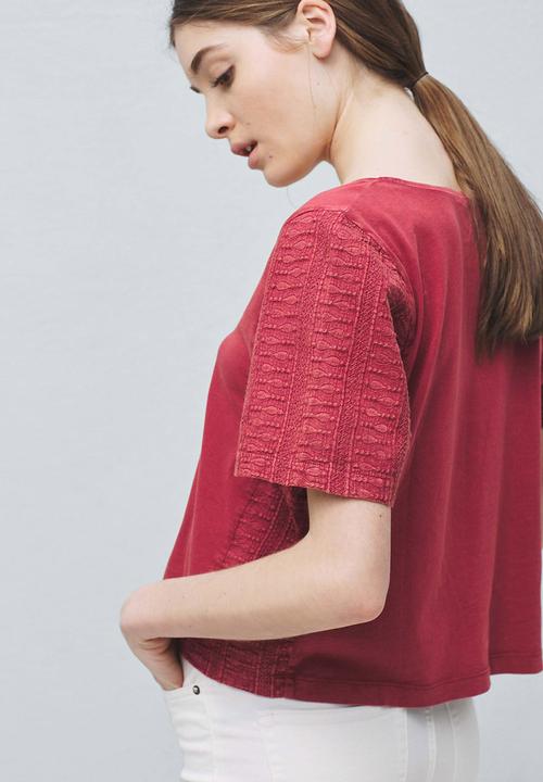 MANGO - T-shirt with Sleeve Panel Effect Dark Pink