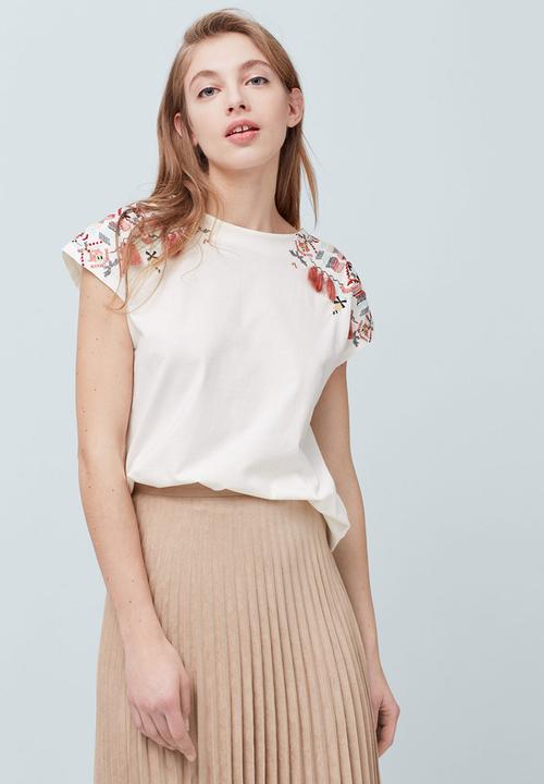 MANGO - Cap Sleeve Embroidered Top White