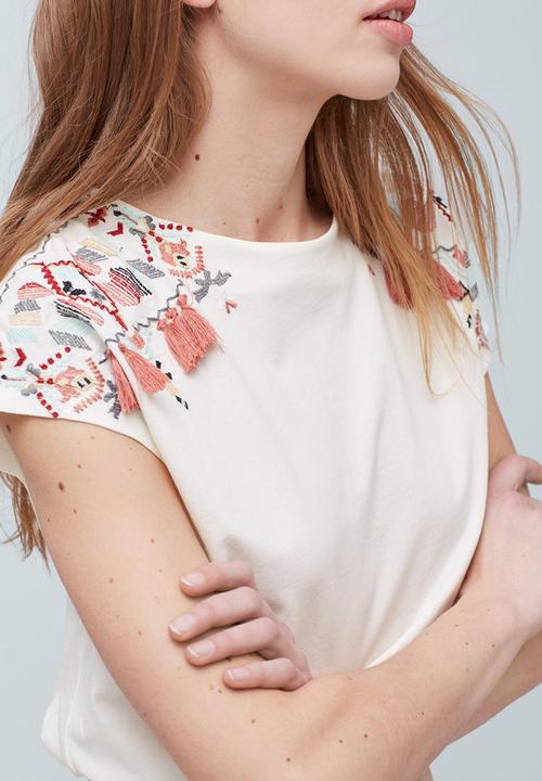 MANGO - Cap Sleeve Embroidered Top White