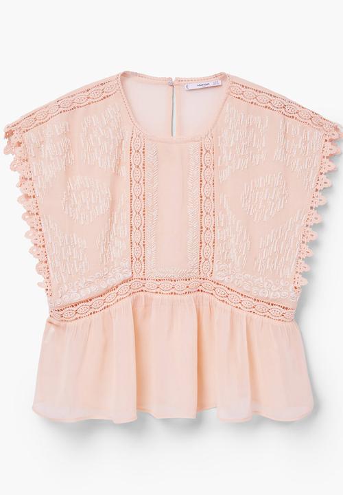 MANGO - Embroidered Frill Blouse Pale Pink
