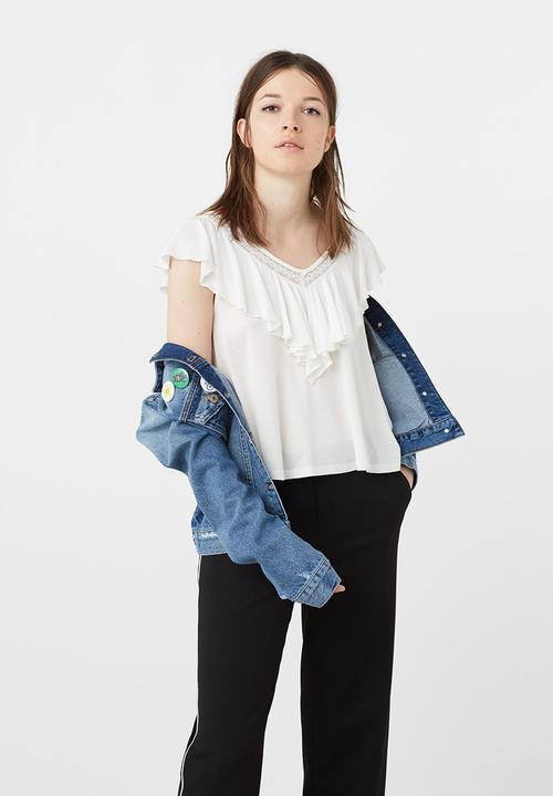 MANGO - Ruffle Top with Lace Trim White