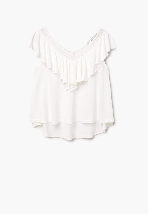 MANGO - Ruffle Top with Lace Trim White