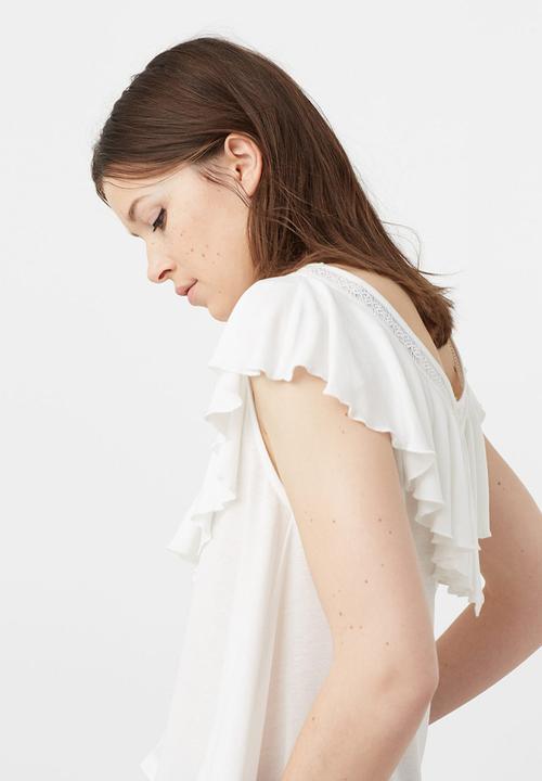 MANGO - Ruffle Top with Lace Trim White