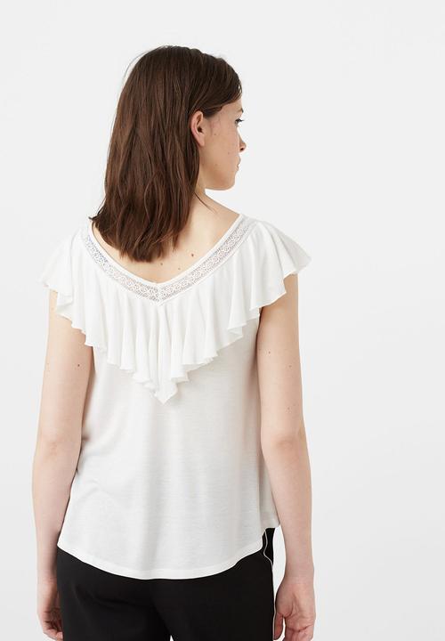 MANGO - Ruffle Top with Lace Trim White