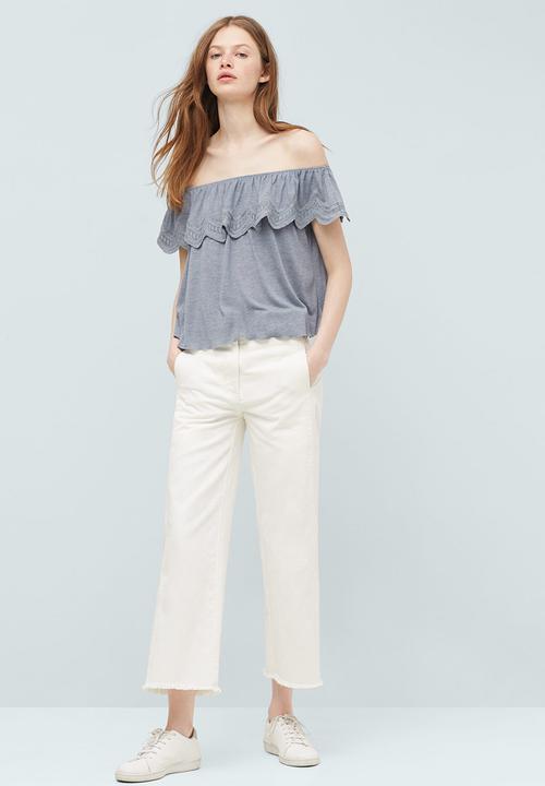 MANGO - Embroidered Off-the-shoulder Ruffle Top Grey