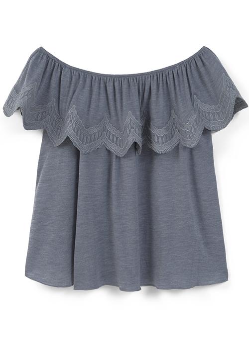 MANGO - Embroidered Off-the-shoulder Ruffle Top Grey