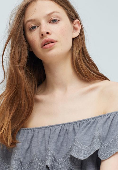 MANGO - Embroidered Off-the-shoulder Ruffle Top Grey