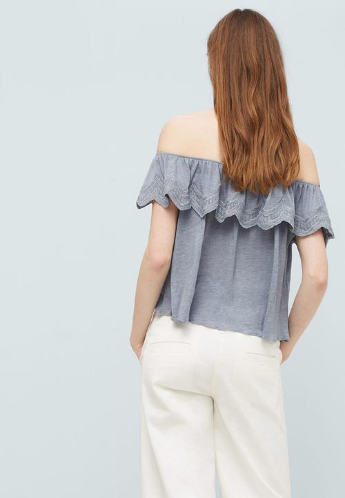 MANGO - Embroidered Off-the-shoulder Ruffle Top Grey