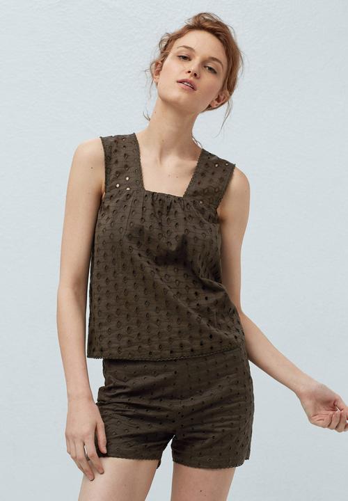 MANGO - Embroidered Top Khaki Green