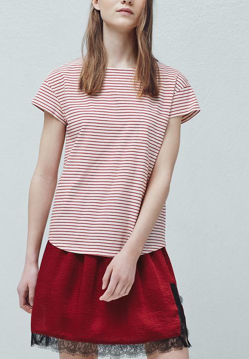 MANGO - Striped Cotton T-Shirt Red