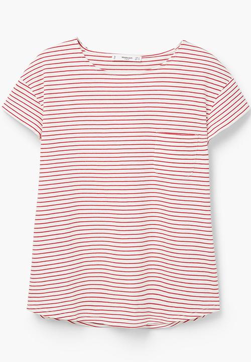 MANGO - Striped Cotton T-Shirt Red
