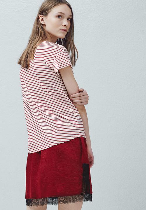 MANGO - Striped Cotton T-Shirt Red