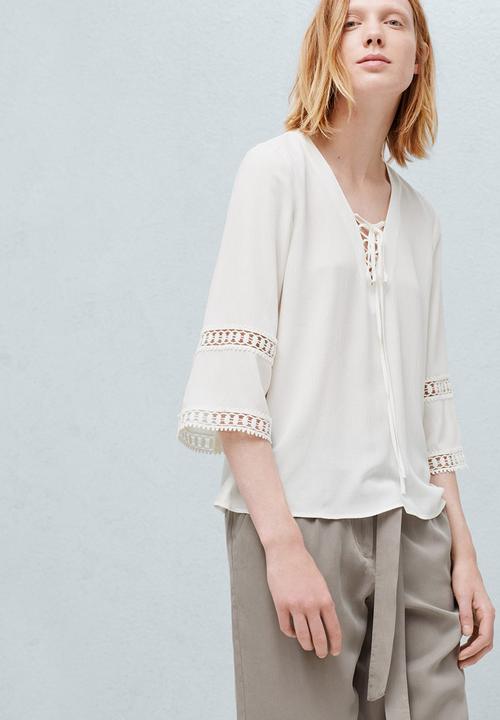 MANGO - Openwork Trim Blouse Off White