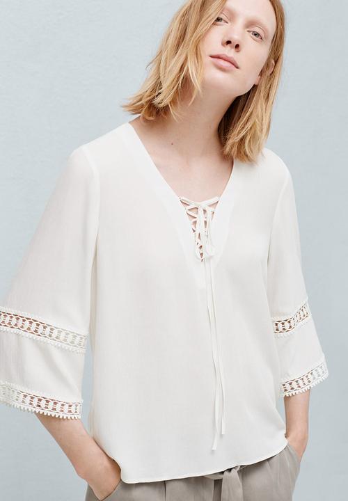 MANGO - Openwork Trim Blouse Off White