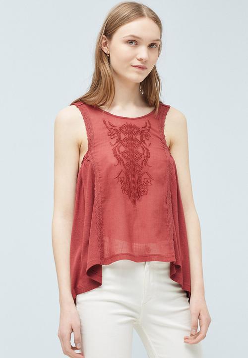MANGO - Embroidered Panel Top Mid Brown