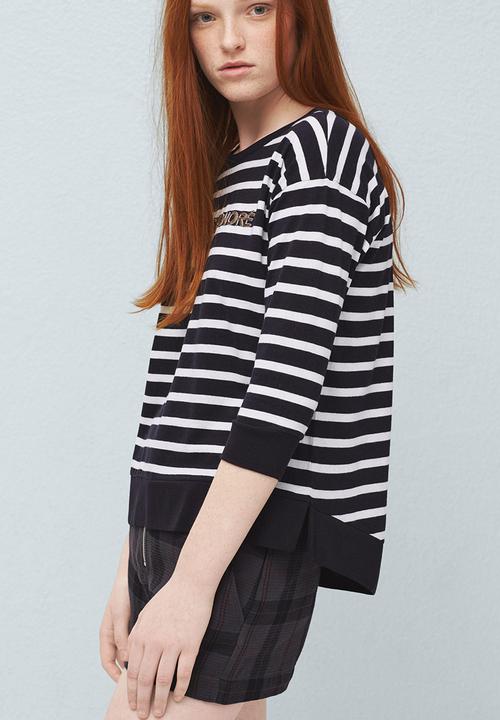 MANGO - Striped 3/4 Sleeve T-shirt Blue and White