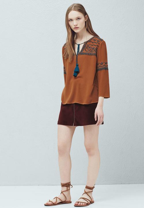MANGO - Embroidered Blouse Tan