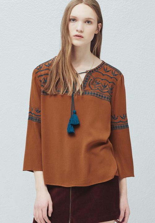 MANGO - Embroidered Blouse Tan