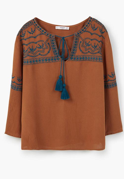 MANGO - Embroidered Blouse Tan