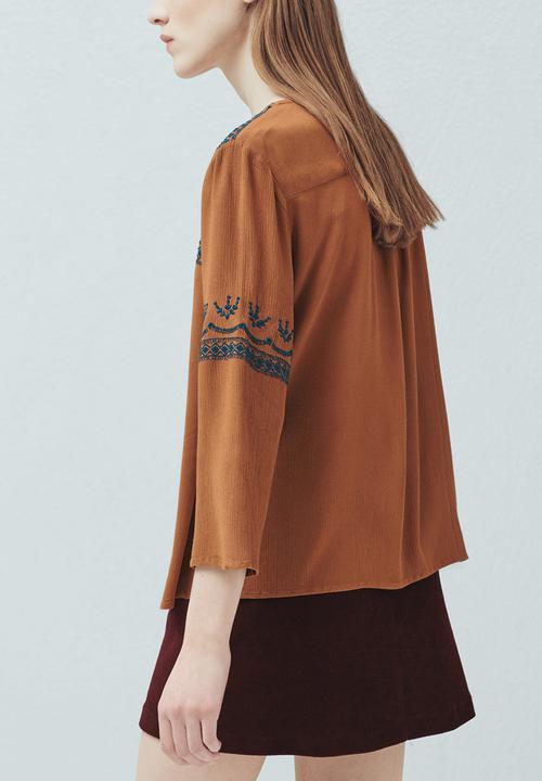 MANGO - Embroidered Blouse Tan