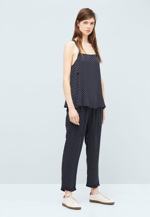 MANGO - Printed Knot Detail Flare Hem Top Navy