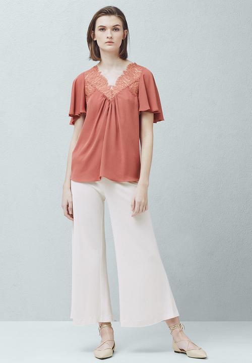 MANGO - Lace Detail Blouse Coral