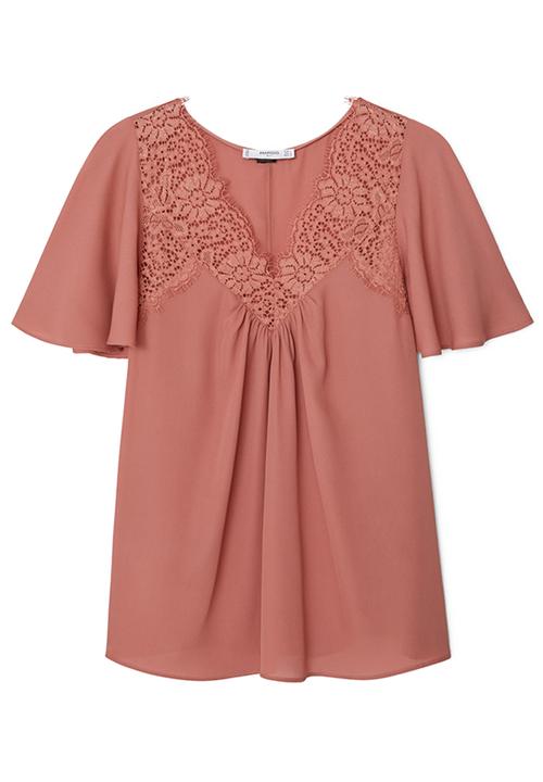MANGO - Lace Detail Blouse Coral