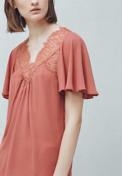 MANGO - Lace Detail Blouse Coral