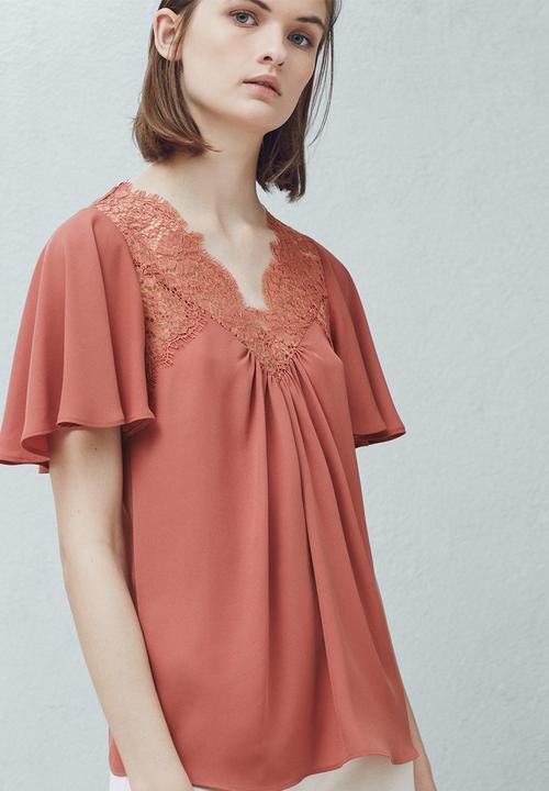 MANGO - Lace Detail Blouse Coral
