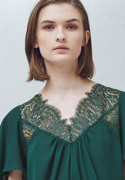 MANGO - Lace Detail Blouse Green
