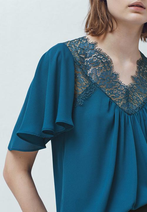 MANGO - Lace Detail Blouse Dark Blue