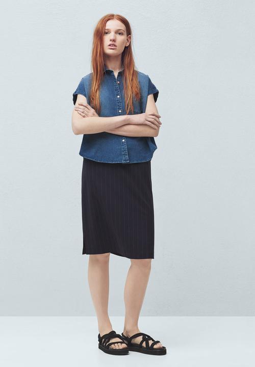 MANGO - Short Sleeve Denim Shirt Dark Blue