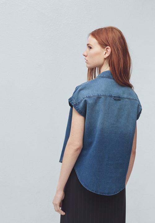 MANGO - Short Sleeve Denim Shirt Dark Blue