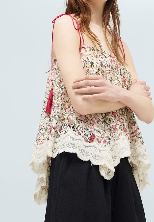 MANGO - Floral Print Lace Trim Top Multi-colour