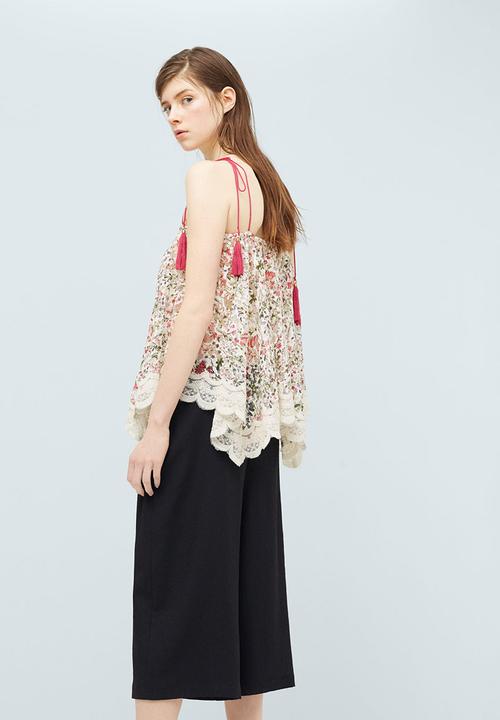 MANGO - Floral Print Lace Trim Top Multi-colour