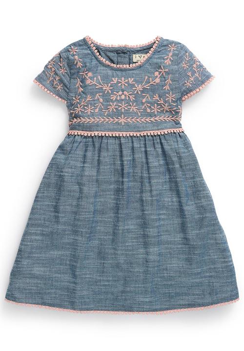 Next - Chambray Embroidered Dress Mid Blue