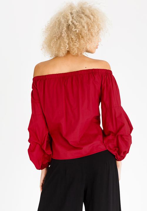 STYLE REPUBLIC - Ruched Sleeve Bardot Blouse Dark Red