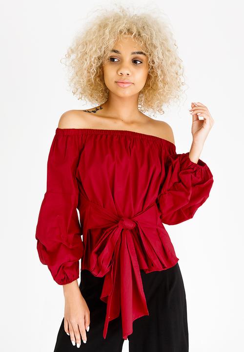 STYLE REPUBLIC - Ruched Sleeve Bardot Blouse Dark Red