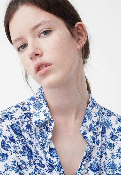 MANGO - Floral Print Shirt Blue and White