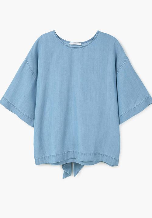 MANGO - Denim Bow Detail Soft Blouse Pale Blue