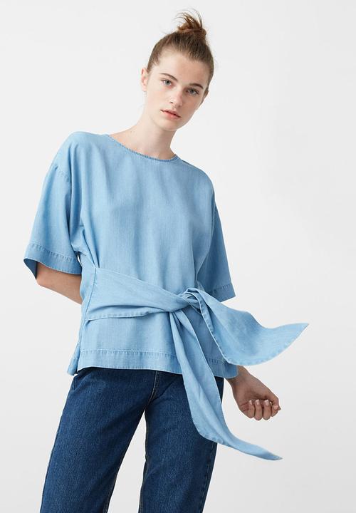 MANGO - Denim Bow Detail Soft Blouse Pale Blue