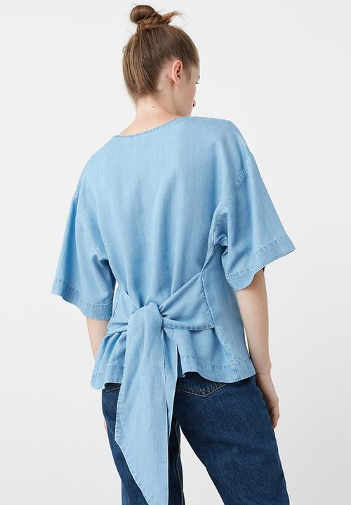 MANGO - Denim Bow Detail Soft Blouse Pale Blue