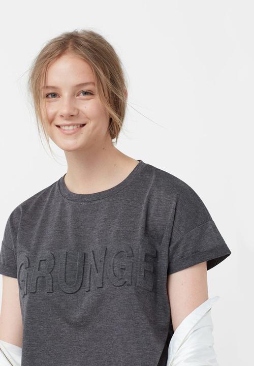 MANGO - Embossed Cotton T-shirt Dark Grey