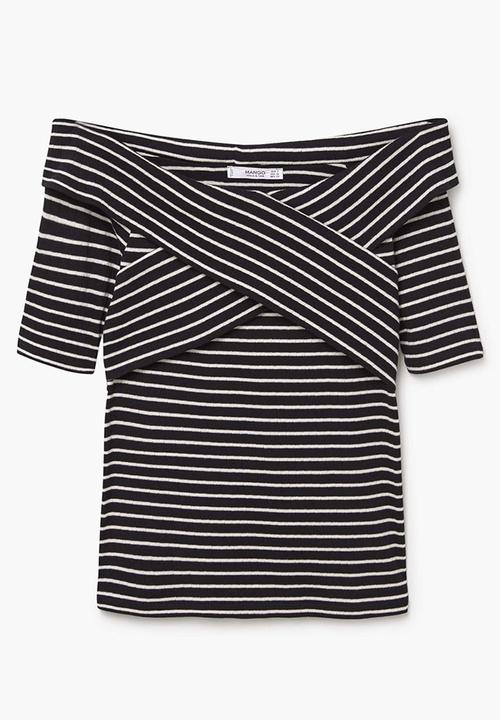 MANGO - Off-the-shoulder Wrap Top Black and White
