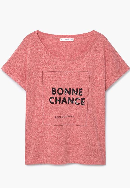MANGO - Sequined Detail T-shirt Coral