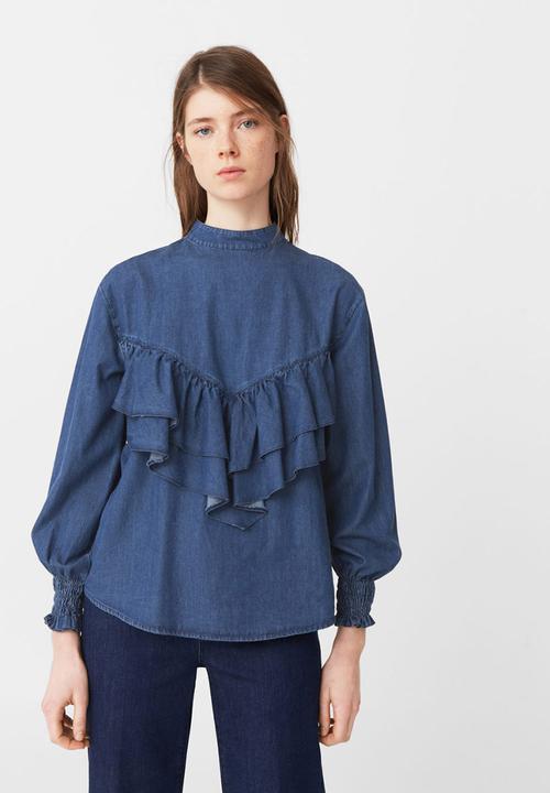 MANGO - Frilled Denim Shirt Mid Blue