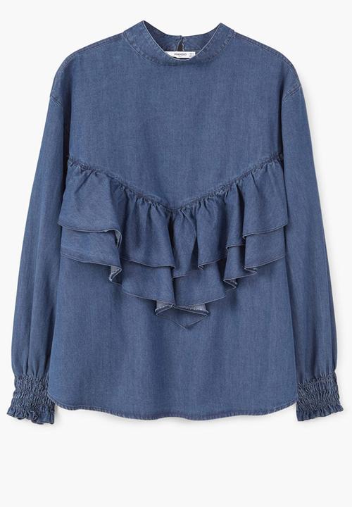 MANGO - Frilled Denim Shirt Mid Blue
