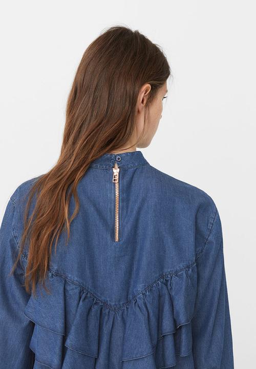 MANGO - Frilled Denim Shirt Mid Blue